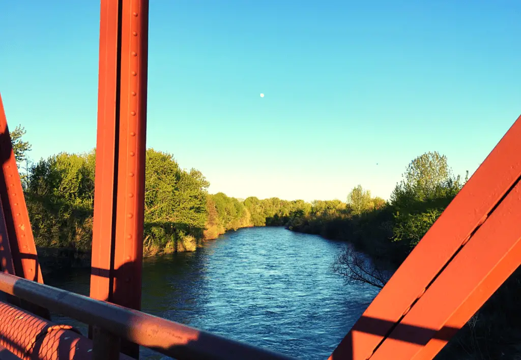 The Boise River Green Belt from the bridge.