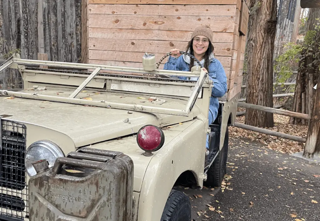 My wife in an old Jeep at the Boise Zoo.