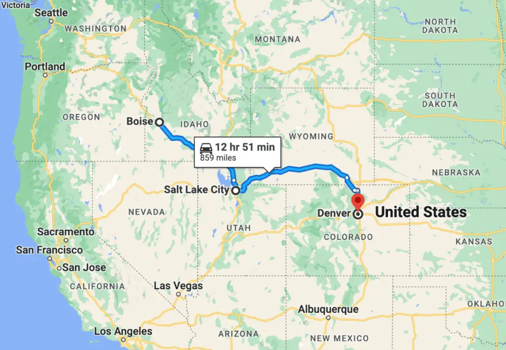 Google Maps view of Boise, to Salt Lake City, and then to Denver.