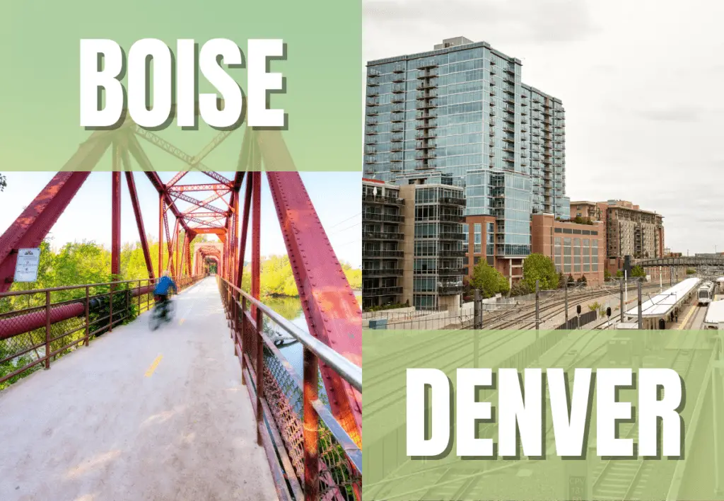 Boise Greenbelt and a biker and the Denver Millennium Bridge near the train tracks