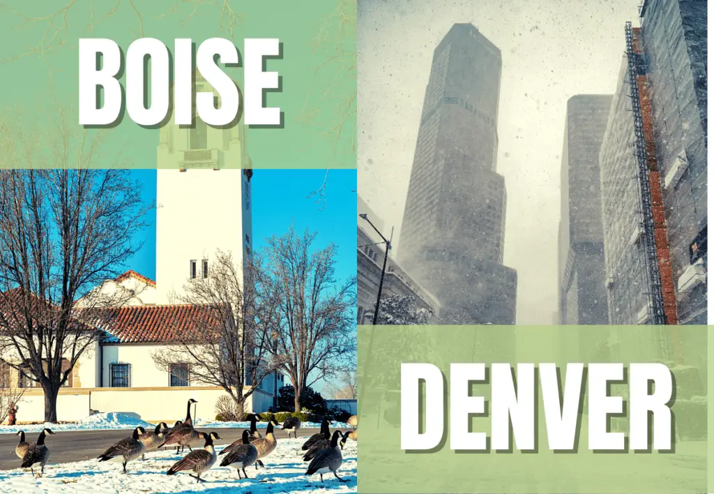 Boise Train Depot covered in snow and tall Denver buildings in a frosty haze.