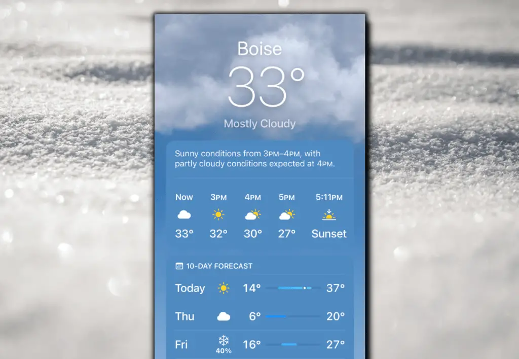 A screenshot displaying the temperature in Boise during the winter time.