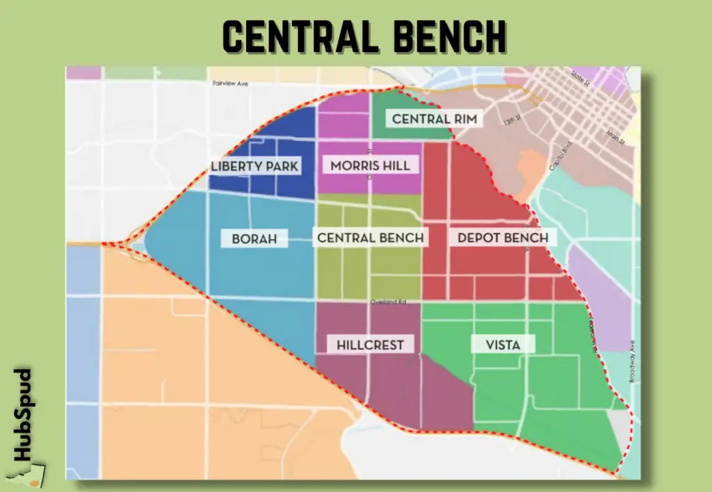 A map including neighborhoods of the central bench area in Boise.