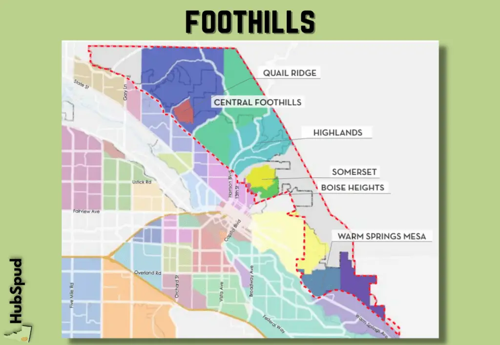 A map including neighborhoods of the foothills area in Boise.