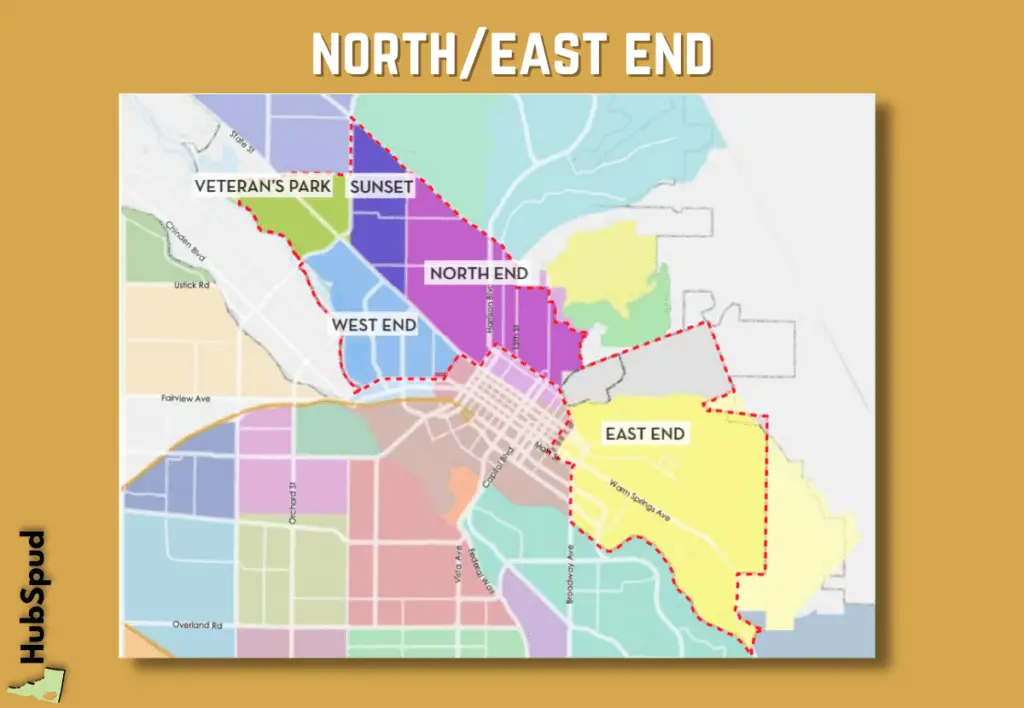 A map including neighborhoods of the north and east end areas in Boise.