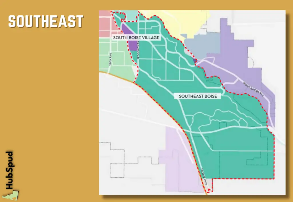 A map including neighborhoods of the southeast area in Boise.